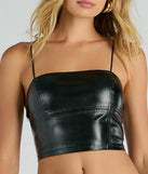 Hot And Dangerous Faux Leather Crop Top, a trendy black addition to women's going-out outfits, is ideal for Christmas party outfits, chic NYE attire, or winter night-out looks that keep you on-trend!