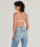 Stand out in 2025 in the Flirty Floral Rhinestone Pearl Sheer Mesh Crop Top, a women's nude long-sleeve top crafted from an elevated fabric with a modern neckline perfect for party outfits, bridal shower attire, or elevated casual outfits.