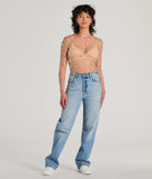 Stay on-trend this season with the Flirty Floral Rhinestone Pearl Sheer Mesh Crop Top in nude, a must-have for creating stylish and effortless summer outfits for women.