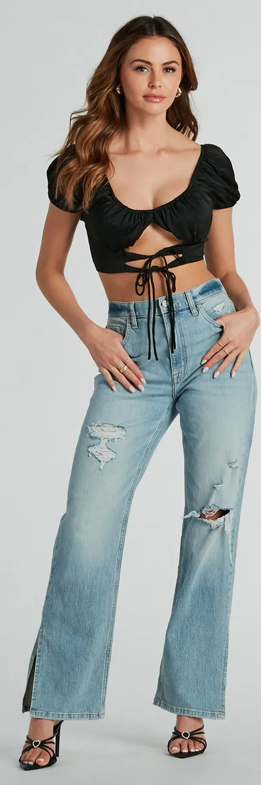 Around Town Puff Sleeve Tie-Front Satin Crop Top