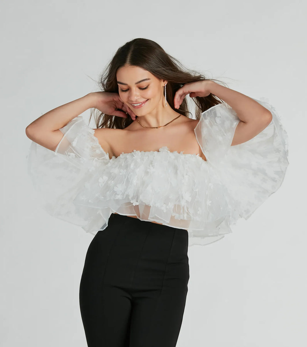 Rise And Bloom Off-The-Shoulder Floral Crop Top & Windsor