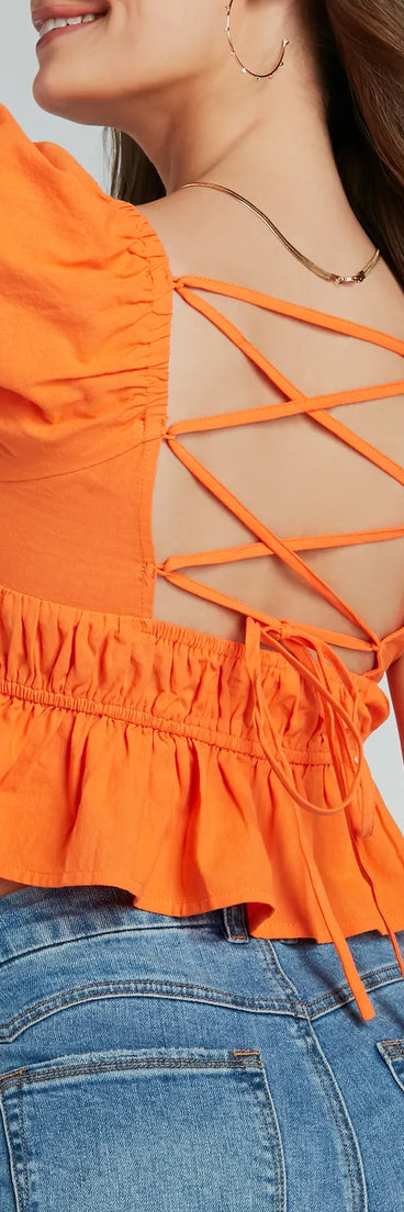 Adoring Looks Puff Sleeve Lace-Up Peplum Crop Top