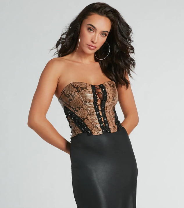 Snake Skin Tight Lace Up Faux Leather Corset Top