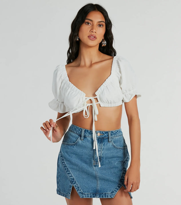 With fun and flirty details, the Fresh Look Puff Sleeve Tie-Front Crop Top shows off your unique style for a trendy outfit for the spring or summer season!