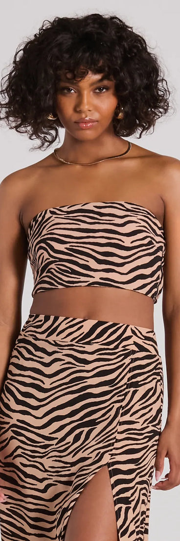 The On The Prowl Strapless Zebra Crop Top in zebra print with a modern design and trendy look is part of the latest women's tops collection to elevate your 2025 wardrobe.