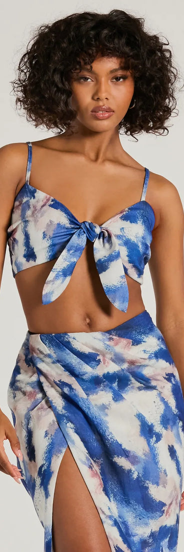 Effortlessly create party outfits or vacation-ready looks with the Chic Muse Watercolor Tie-Front Crop Top, one part of a versatile women's blue matching set perfect for quick and easy outfit combinations from layering chic outfits to transitioning your look seamlessly.
