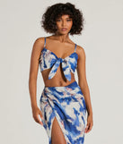 Effortlessly create party outfits or vacation-ready looks with the Chic Muse Watercolor Tie-Front Crop Top, one part of a versatile women's blue matching set perfect for quick and easy outfit combinations from layering chic outfits to transitioning your look seamlessly.