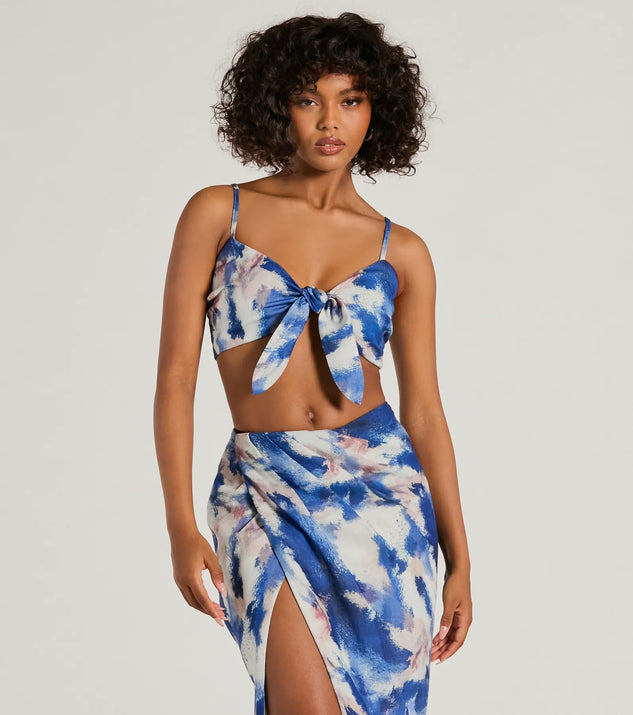 Effortlessly create party outfits or vacation-ready looks with the Chic Muse Watercolor Tie-Front Crop Top, one part of a versatile women's blue matching set perfect for quick and easy outfit combinations from layering chic outfits to transitioning your look seamlessly.