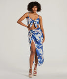Effortlessly create party outfits or vacation-ready looks with the Chic Muse Watercolor Tie-Front Crop Top, one part of a versatile women's blue matching set perfect for quick and easy outfit combinations from layering chic outfits to transitioning your look seamlessly.
