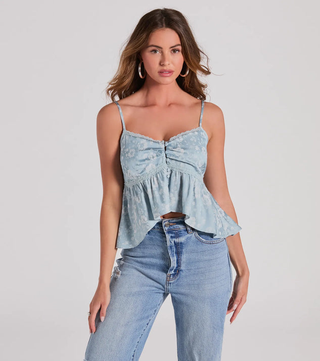 The Charming And Sweet Button Down Floral Satin Crop Top in blue with a modern design and trendy look is part of the latest women's tops collection to elevate your 2025 wardrobe.