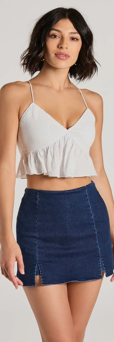 The Sweet Charm Lace-Up Babydoll Crop Top in ivory with a modern design and trendy look is part of the latest women's tops collection to elevate your 2025 wardrobe.