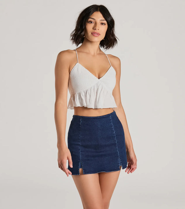 The Sweet Charm Lace-Up Babydoll Crop Top in ivory with a modern design and trendy look is part of the latest women's tops collection to elevate your 2025 wardrobe.