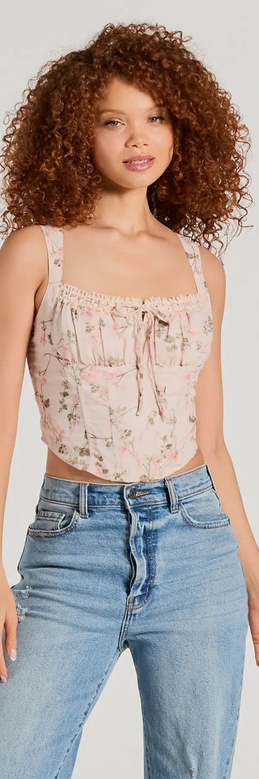 Romantic Look Lace Trim Floral Corset Top