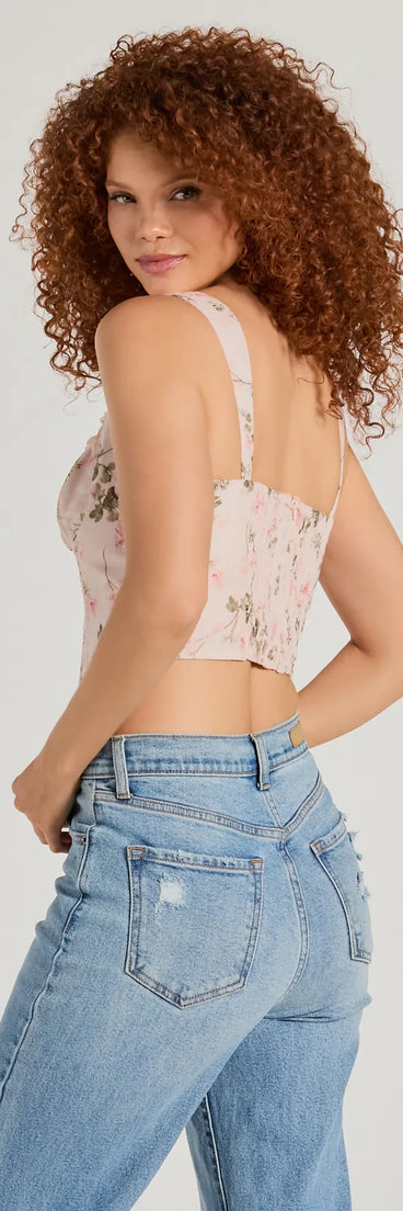 Romantic Look Lace Trim Floral Corset Top