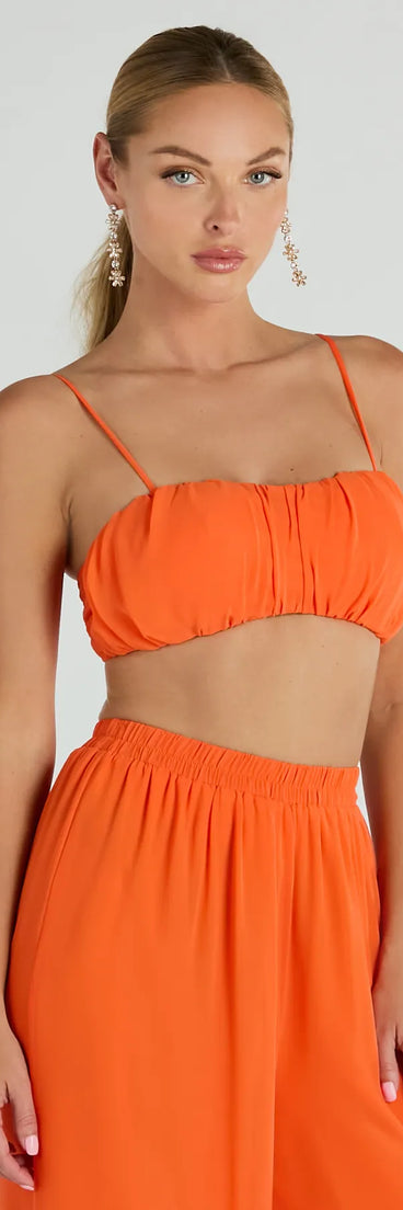 Effortlessly create party outfits or vacation-ready looks with the Gorgeous Allure Ruched Chiffon Bra Top, one part of a versatile women's orange matching set perfect for quick and easy outfit combinations from layering chic outfits to transitioning your look seamlessly.