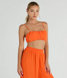 Effortlessly create party outfits or vacation-ready looks with the Gorgeous Allure Ruched Chiffon Bra Top, one part of a versatile women's orange matching set perfect for quick and easy outfit combinations from layering chic outfits to transitioning your look seamlessly.