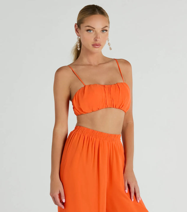 Effortlessly create party outfits or vacation-ready looks with the Gorgeous Allure Ruched Chiffon Bra Top, one part of a versatile women's orange matching set perfect for quick and easy outfit combinations from layering chic outfits to transitioning your look seamlessly.