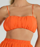 Effortlessly create party outfits or vacation-ready looks with the Gorgeous Allure Ruched Chiffon Bra Top, one part of a versatile women's orange matching set perfect for quick and easy outfit combinations from layering chic outfits to transitioning your look seamlessly.