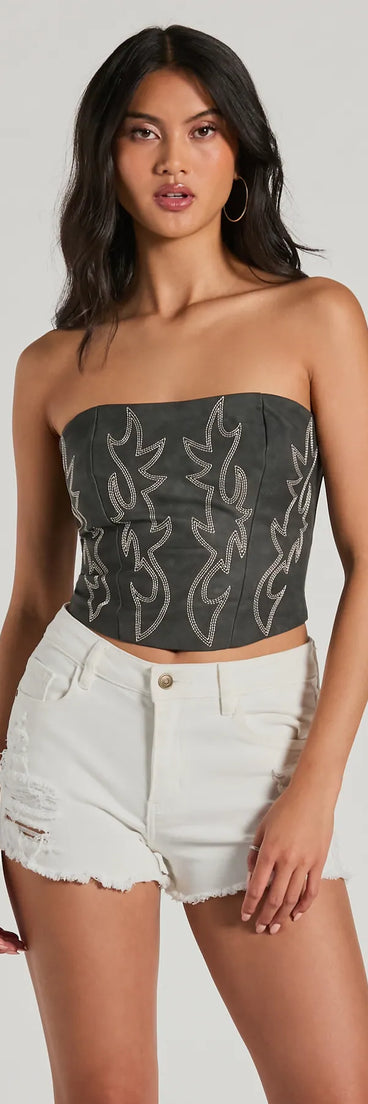 The waist-defining bodice style of the Western Babe Strapless Lace-Up Cowboy Corset Top in charcoal is perfect for making a statement with your outfit and provides the structure, molded cups, or lace-up details that capture the corset trend