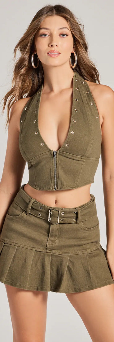 Look instantly put-together in the Absolute Edge Halter Grommet Zip-Up Crop Top, part of a matching olive green clothing set designed for chic, no-fuss fall outfits.