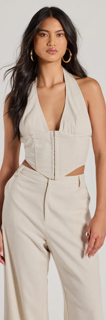 The Cutest Babe Halter V-Neck Corset Crop Top in natural with a modern design and trendy look is part of the latest women's tops collection to elevate your 2025 wardrobe.
