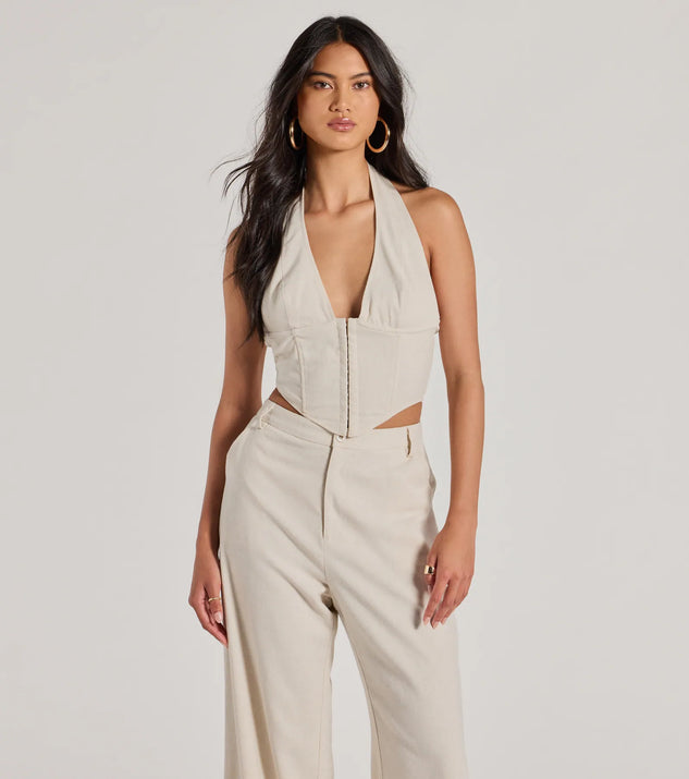 The Cutest Babe Halter V-Neck Corset Crop Top in natural with a modern design and trendy look is part of the latest women's tops collection to elevate your 2025 wardrobe.