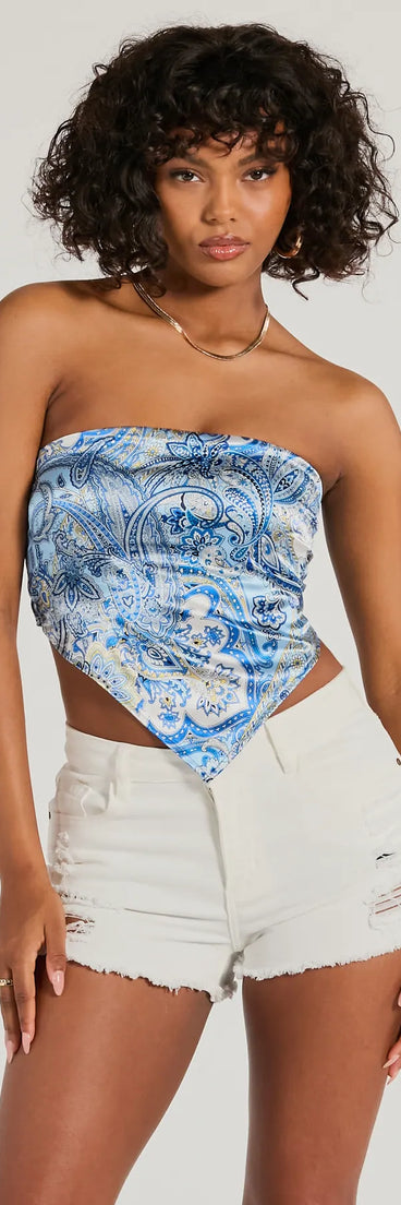 The Sangria Sunset Strapless Paisley Satin Crop Top in light blue with a modern design and trendy look is part of the latest women's tops collection to elevate your 2025 wardrobe.