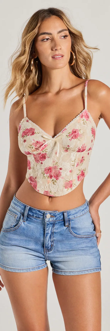 The Delicate Blooms Floral V-Neck Lace Crop Top in natural with a modern design and trendy look is part of the latest women's tops collection to elevate your 2025 wardrobe.