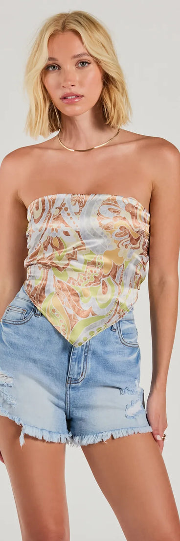 Too Cute Energy Strapless Paisley Satin Crop Top