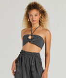 The All Set Up Geometric Bandea Halter Crop Top in black with a modern design and trendy look is part of the latest women's tops collection to elevate your 2025 wardrobe.