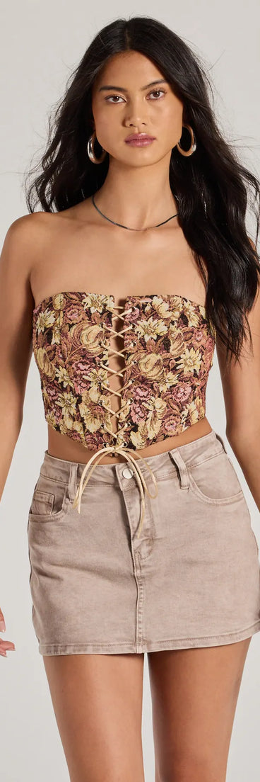 The waist-defining bodice style of the Adoring Taste Strapless Lace-Up Tapestry Crop Top in natural is perfect for making a statement with your outfit and provides the structure, molded cups, or lace-up details that capture the corset trend