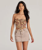The waist-defining bodice style of the Adoring Taste Strapless Lace-Up Tapestry Crop Top in natural is perfect for making a statement with your outfit and provides the structure, molded cups, or lace-up details that capture the corset trend