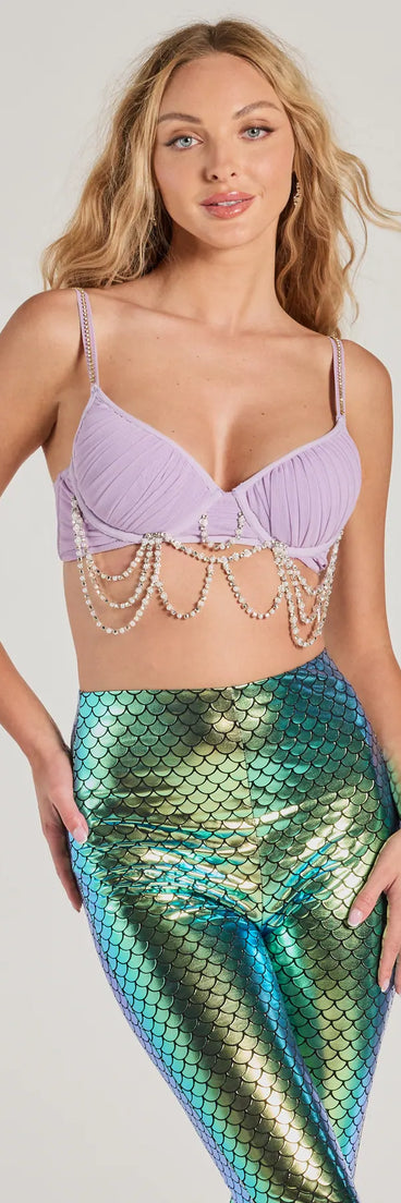 Mystical Mermaid Rhinestone And Pearl Trim Bra Top