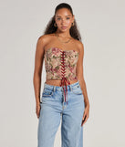 The Blooming Beauty Tapestry Lace-Up Cropped Corset Top in taupe with a modern design and trendy look is part of the latest women's tops collection to elevate your 2025 wardrobe.