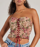 The waist-defining bodice style of the Blooming Beauty Tapestry Lace-Up Cropped Corset Top in taupe is perfect for making a statement with your outfit and provides the structure, molded cups, or lace-up details that capture the corset trend.