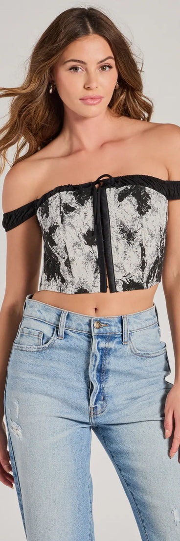 The Daring Confidence Off-The-Shoulder Corset Top in black with a modern design and trendy look is part of the latest women's tops collection to elevate your 2025 wardrobe.