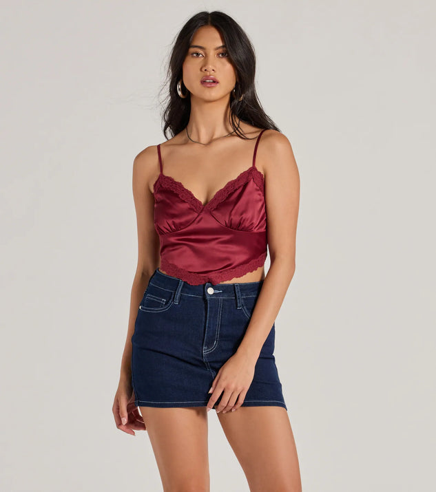 The Romance In The Air Lace Trim Satin Cami Crop Top in raisin purple with a modern design and trendy look is part of the latest women's tops collection to elevate your 2025 wardrobe.