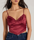 The Romance In The Air Lace Trim Satin Cami Crop Top in raisin purple with a modern design and trendy look is part of the latest women's tops collection to elevate your 2025 wardrobe.