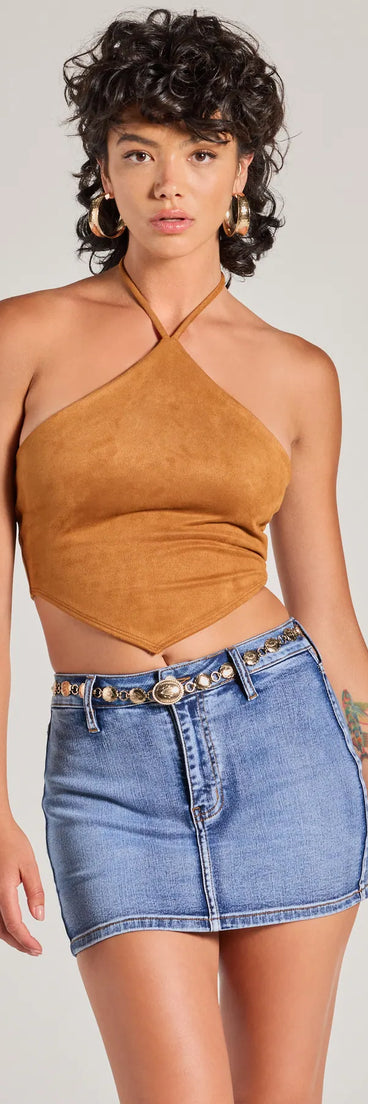 The Western Trend Hanky Hem Halter Crop Top in camel brown with a modern design and trendy look is part of the latest women's tops collection to elevate your 2025 wardrobe.