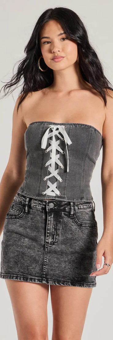 Impressed Much Strapless Lace-Up Denim Crop Top
