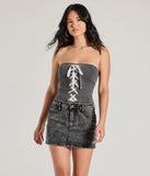 Impressed Much Strapless Lace-Up Denim Crop Top