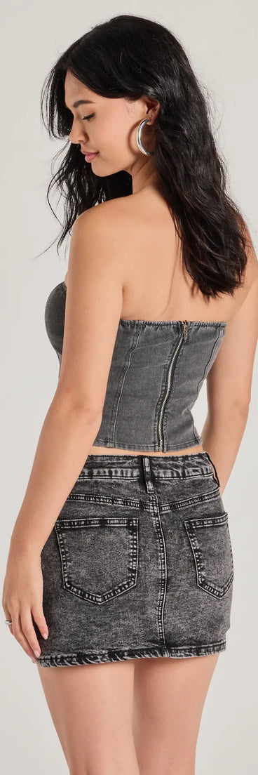 Impressed Much Strapless Lace-Up Denim Crop Top