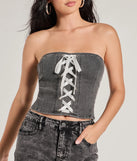 Impressed Much Strapless Lace-Up Denim Crop Top