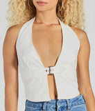 The Sultry Trend Buckle Strap Halter Crop Top in ivory with a modern design and trendy look is part of the latest women's tops collection to elevate your 2025 wardrobe.