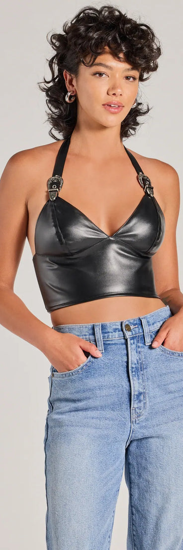 The Bold Buckle Halter Strap Faux Leather Crop Top in black with a modern design and trendy look is part of the latest women's tops collection to elevate your 2025 wardrobe.