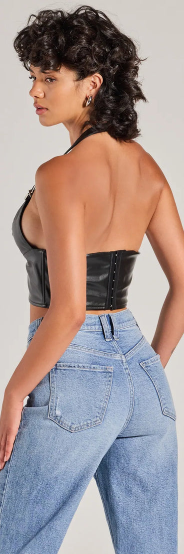 The Bold Buckle Halter Strap Faux Leather Crop Top in black with a modern design and trendy look is part of the latest women's tops collection to elevate your 2025 wardrobe.