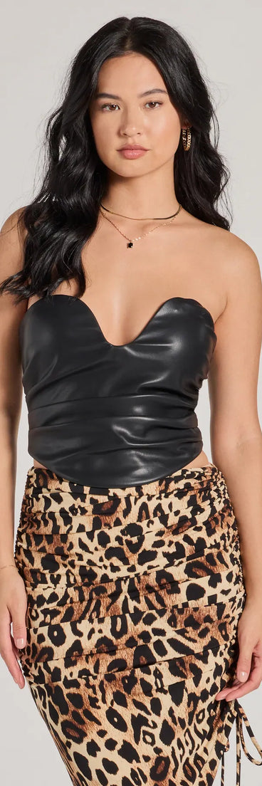 The Perfectly Sleek Faux Leather Cropped Tube Top in black with a modern design and trendy look is part of the latest women's tops collection to elevate your 2025 wardrobe.