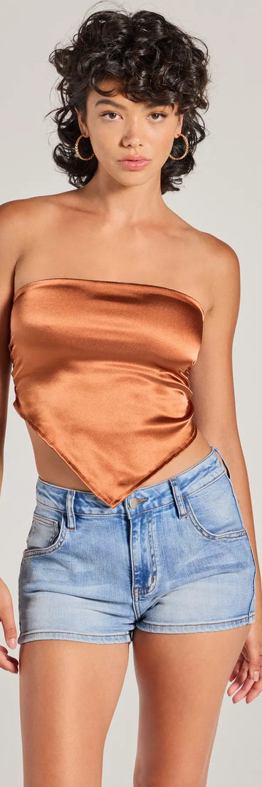 The Chic Style Satin Cropped Tube Top in cognac with a modern design and trendy look is part of the latest women's tops collection to elevate your 2025 wardrobe.