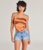 The Chic Style Satin Cropped Tube Top in cognac with a modern design and trendy look is part of the latest women's tops collection to elevate your 2025 wardrobe.
