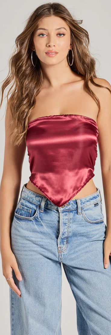 The Chic Style Satin Cropped Tube Top in burgundy with a modern design and trendy look is part of the latest women's tops collection to elevate your 2025 wardrobe.